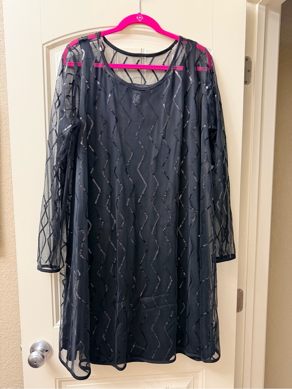 Ashley Stewart Black Sheer Sequin Long Sleeve Dress